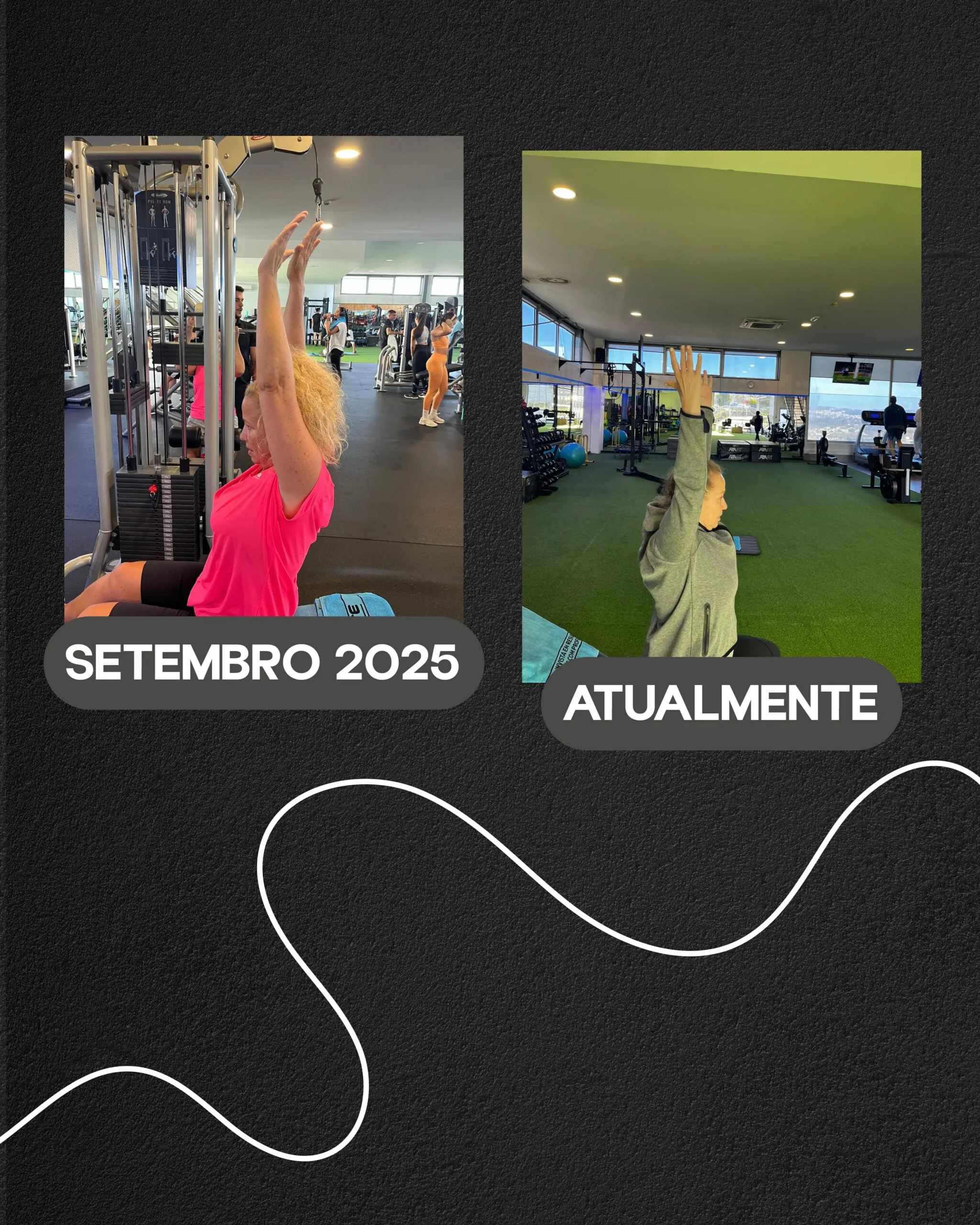 Antes e depois: a Elisabeth em setembro de 2025 e atualmente, a elevar os braços acima da cabeça