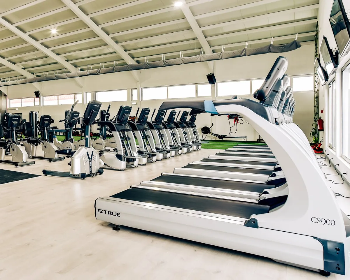 Sala de exercício ampla com passadeiras e zona de relva sintética