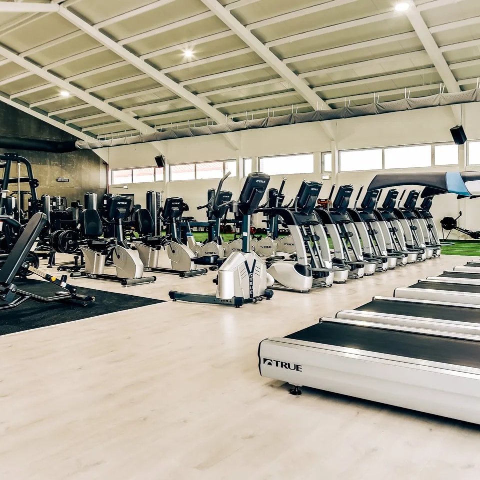 Sala de exercício ampla com passadeiras e zona de relva sintética
